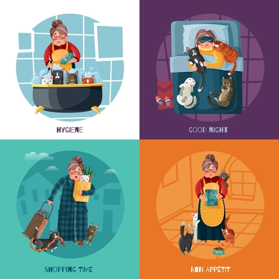 Lady with various cats during pet hygiene, night rest, shopping and feeding design concept isolated vector illustration