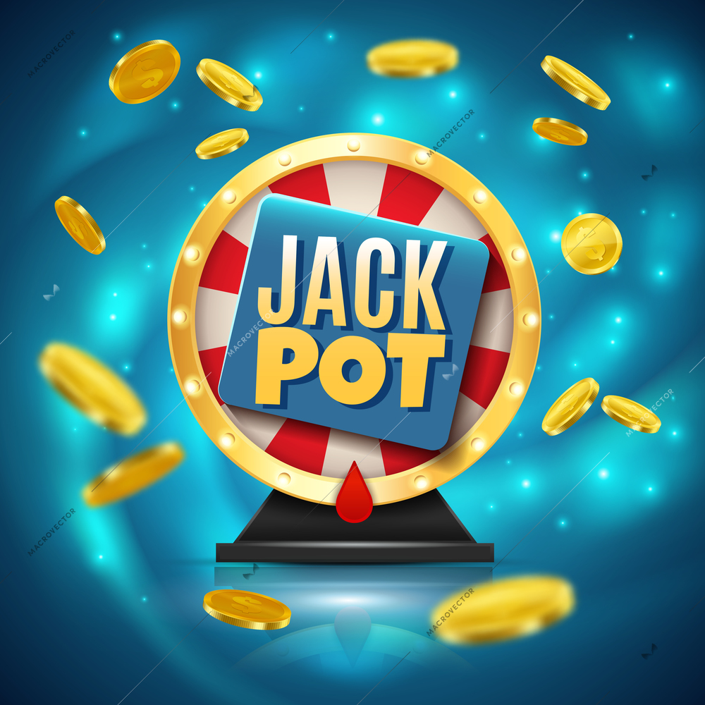 Jackpot on fortune wheel realistic blue sparkling background with golden glossy coins 3d vector illustration