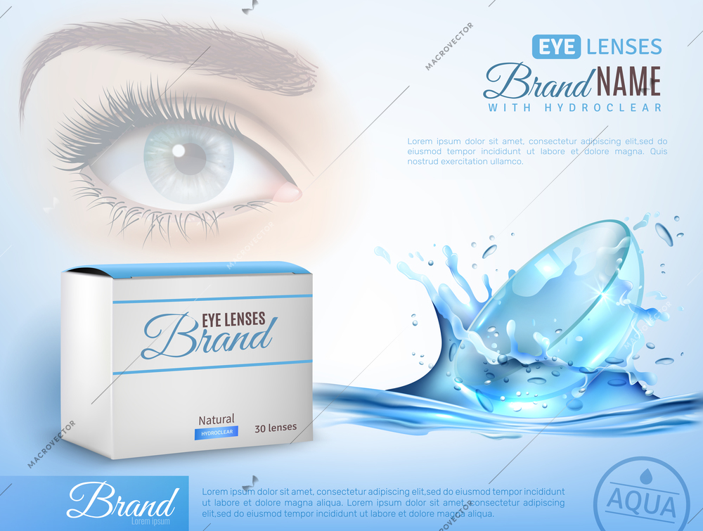 Contact lenses in water splashes, eye, realistic ad poster with brand identity on blue background vector illustration