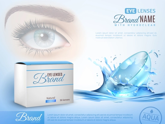 Contact lenses in water splashes, eye, realistic ad poster with brand identity on blue background vector illustration