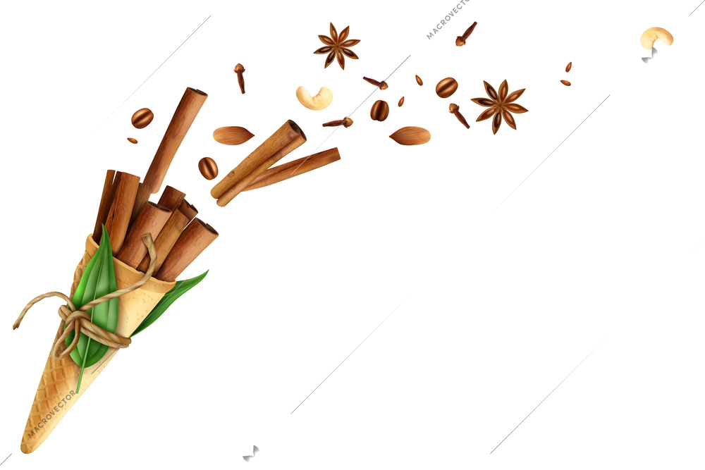 Cinnamon in waffle cone with rope, green leaves, flying spices including cloves, anise and nuts vector illustration