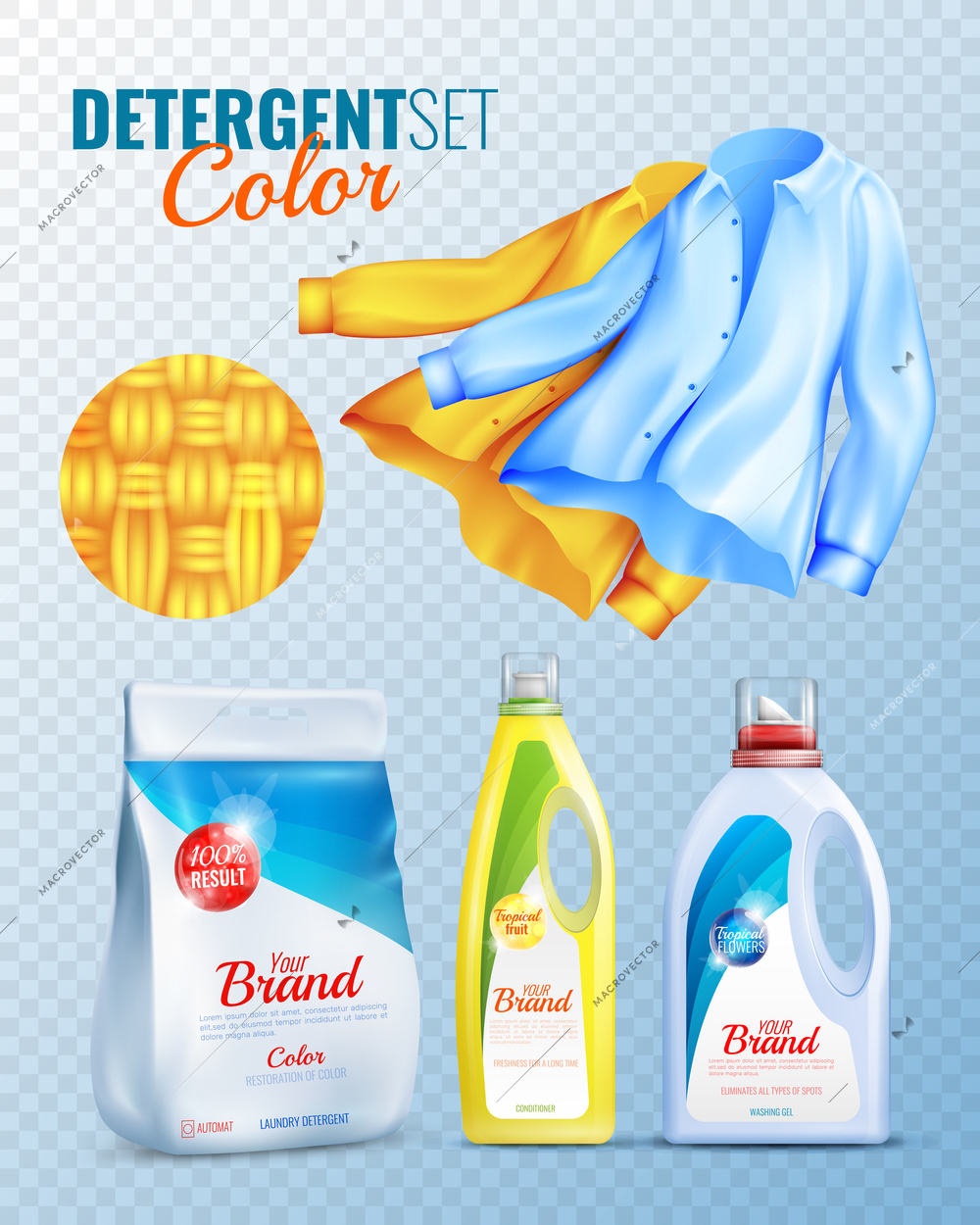 Colored and isolated detergents clothes transparent icon set with conditioner washing powder and clean shirts vector illustration