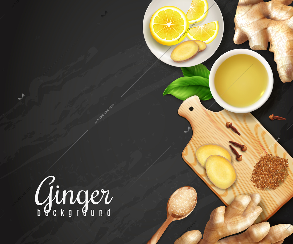 Ginger roots, cutting board with spices, cup of tea, saucer with lemon on black background vector illustration