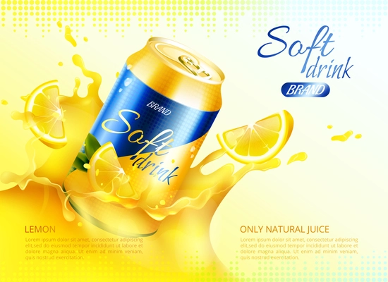 Colored soft drink metal can poster with only natural juice lemon description vector illustration