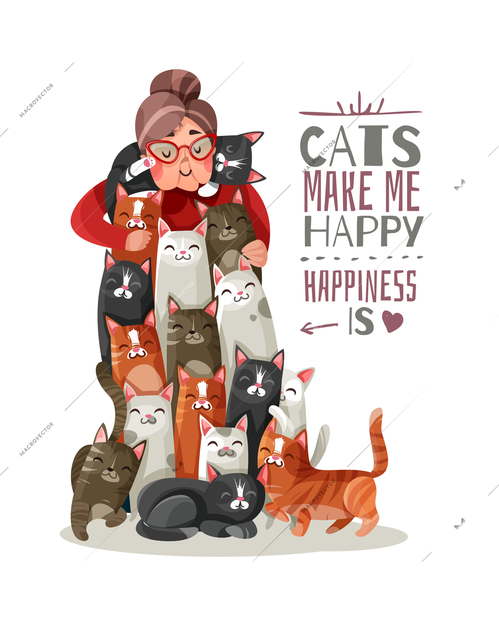 Lonely old lady hugs smiling cats, phrase about happiness and domestic animals vector illustration