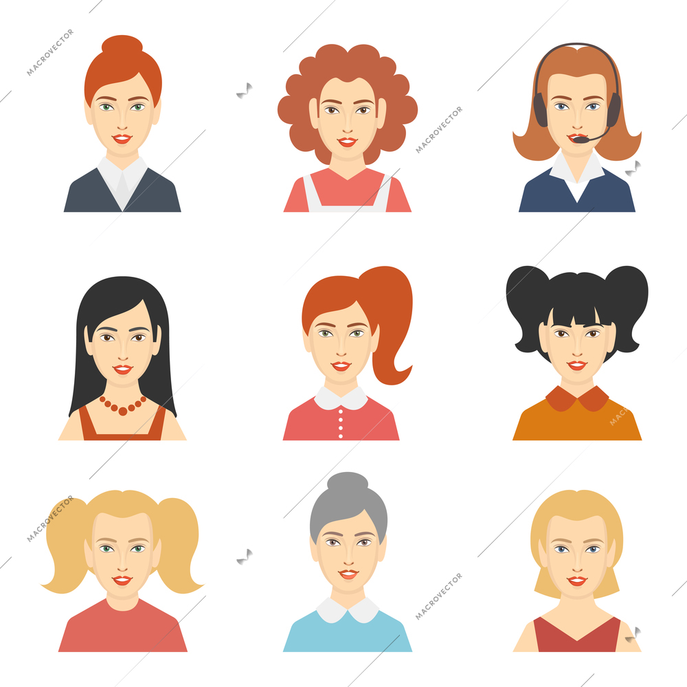 Decorative social media forum woman users profile avatar hairstyle design color icons set isolated flat vector illustration