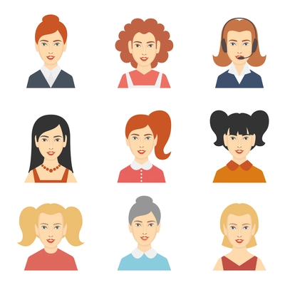 Decorative social media forum woman users profile avatar hairstyle design color icons set isolated flat vector illustration