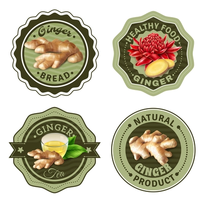 Set of labels with design elements for ginger products including fresh root, tea, bread isolated vector illustration