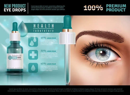 Eye drops in glass vial with pipette realistic poster with product advertising 3d vector illustration