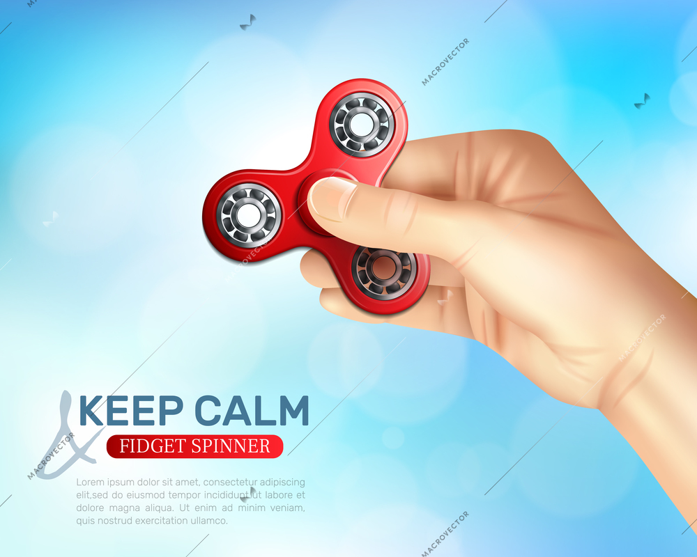 Colored hand spinner toy poster with keep calm fidget spinner description and mans hand vector illustration
