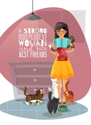 Young independent lady in glasses during feeding cats in home interior, phrase about best friends vector illustration
