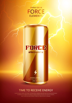 Realistic energy drink metal can poster with energy drink force elements time to receive energy descriptions vector illustration
