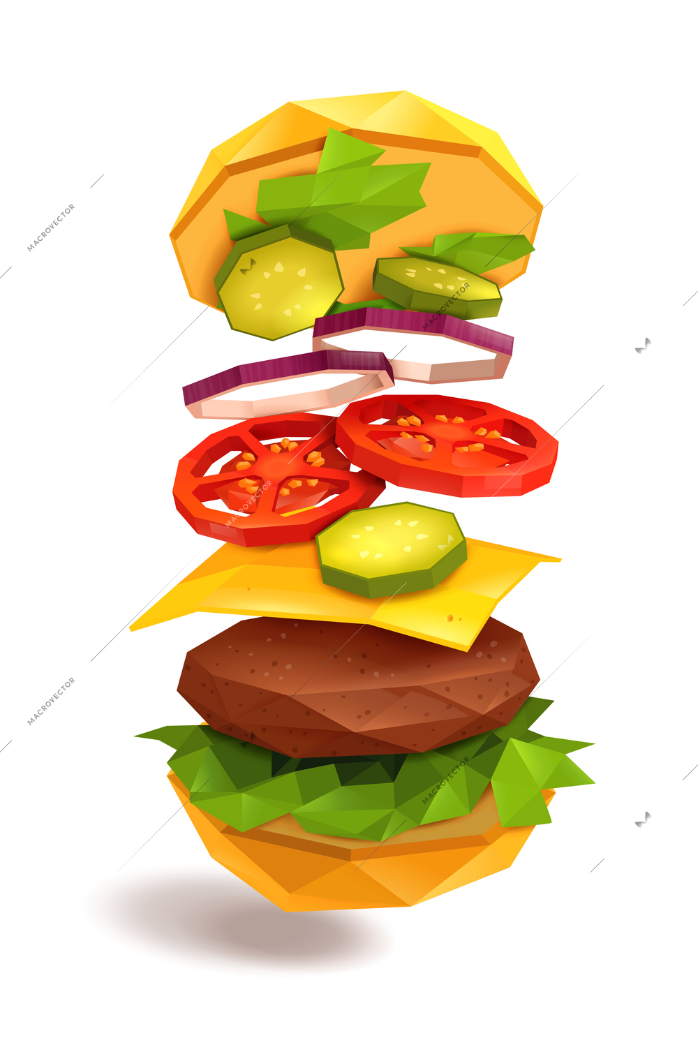 Hamburger with flying ingredients including bun, beef patty, cheese, vegetables on white background vector illustration