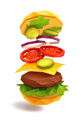 Hamburger with flying ingredients including bun, beef patty, cheese, vegetables on white background vector illustration