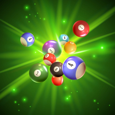 Colorful bingo balls with reflection on sparkling green background with light rays 3d vector illustration