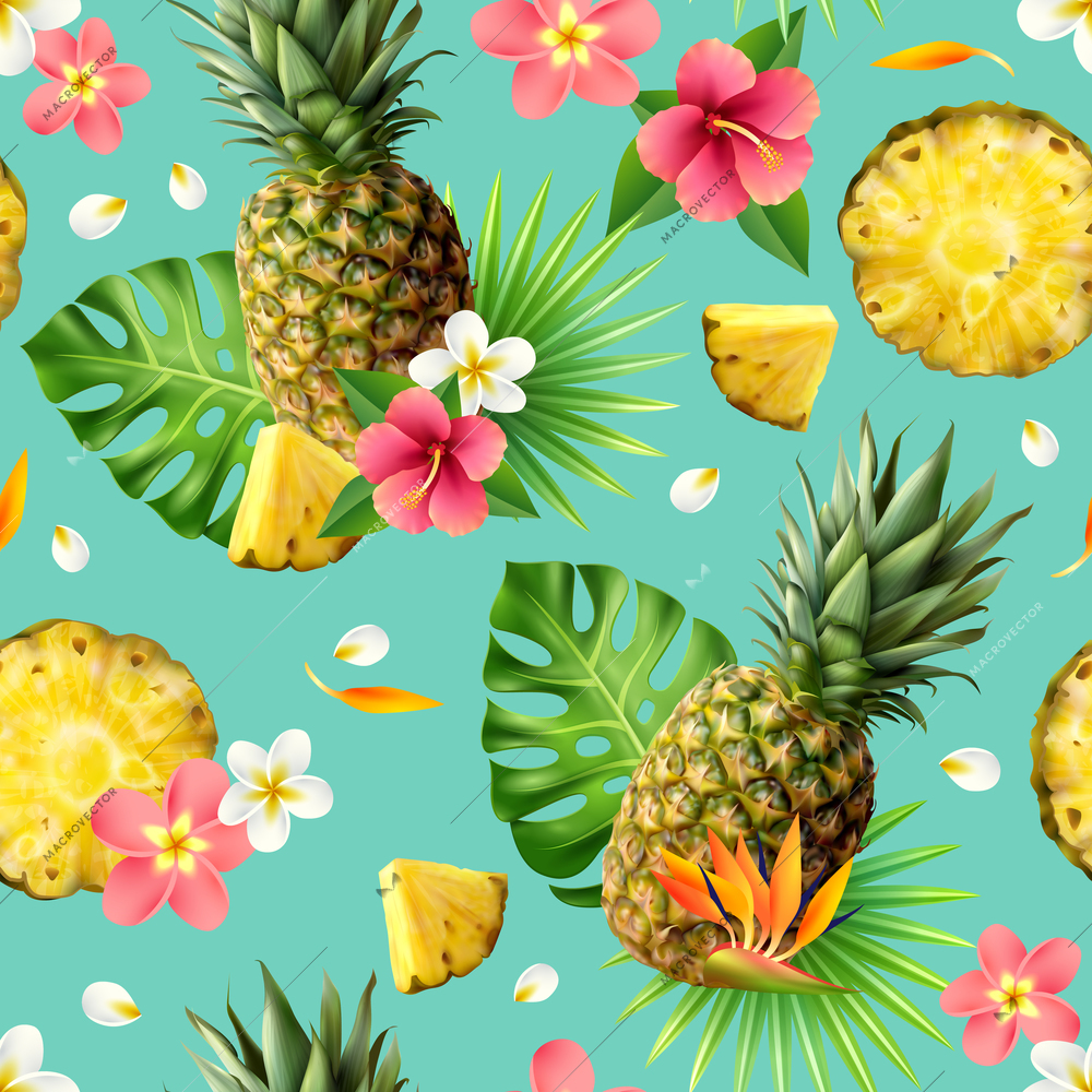 Realistic colorful seamless pattern with pineapples and flowers vector illustration