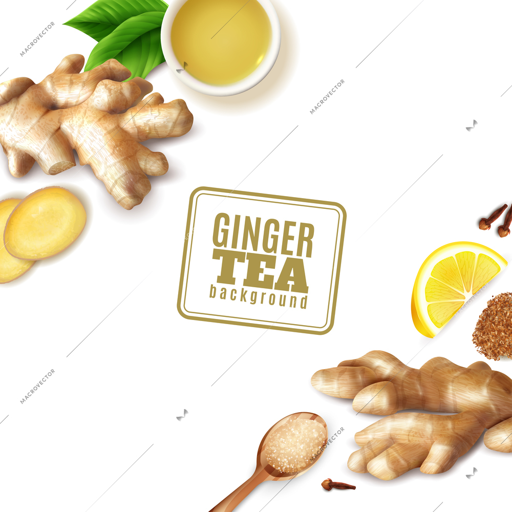 Cup with ginger tea, fresh roots, lemon, spoon with sugar, cloves on white background vector illustration