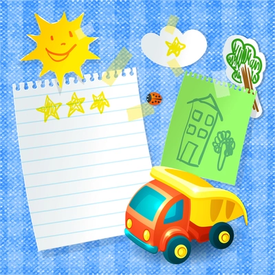 Toy truck kid postcard template with notebook paper and stickers vector illustration