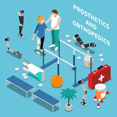 Prosthetics and orthopedics  composition with medicine symbols on blue background isometric vector illustration