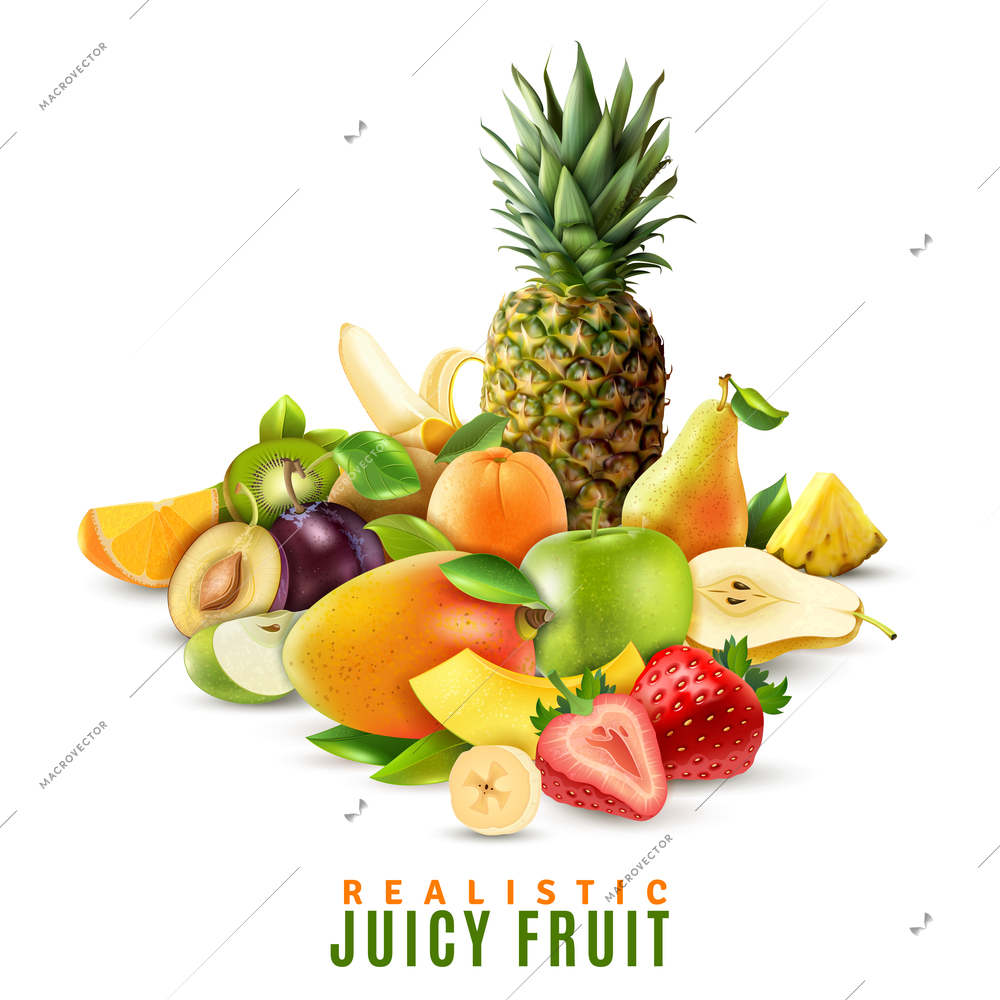 Fresh ripe juicy fruit and berries with pineapple strawberry pear banana apple orange mango peach kiwi plum on white background realistic vector illustration