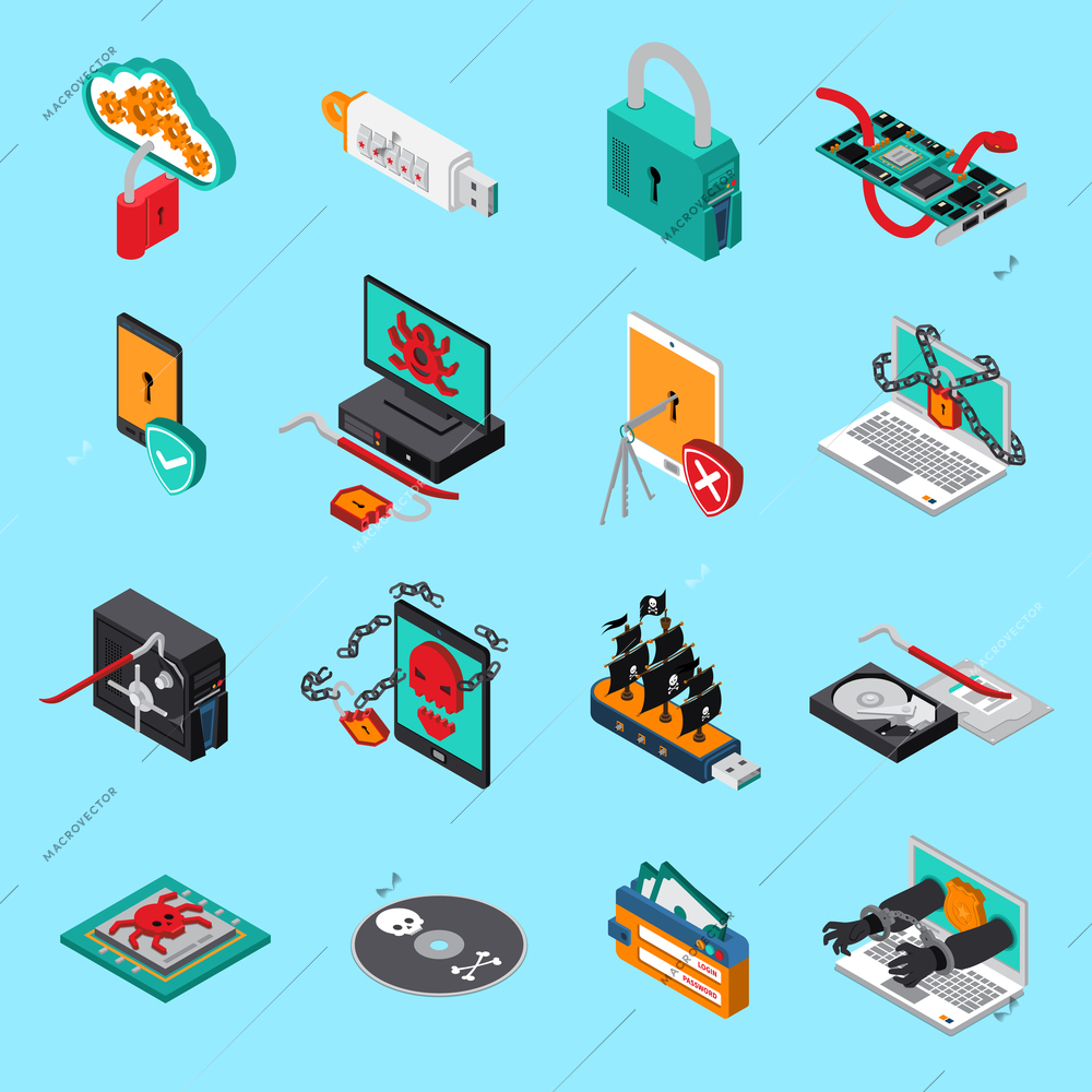 Hardware protection icons set with computer symbols  on blue background isometric isolated vector illustration