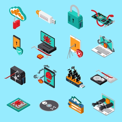 Hardware protection icons set with computer symbols  on blue background isometric isolated vector illustration