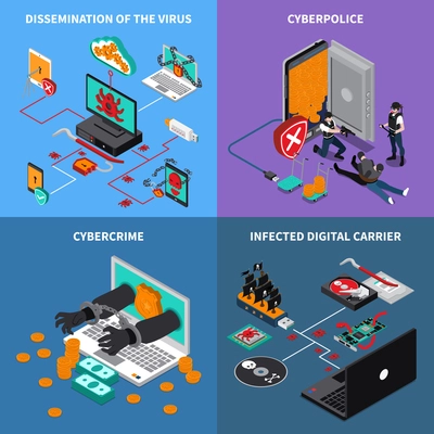 Hardware protection concept icons set with infected digital carrier symbols isometric isolated vector illustration