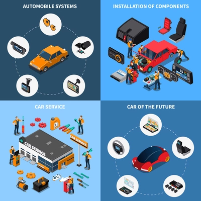 Car electronics concept icons set with car of the future symbols isometric isolated vector illustration