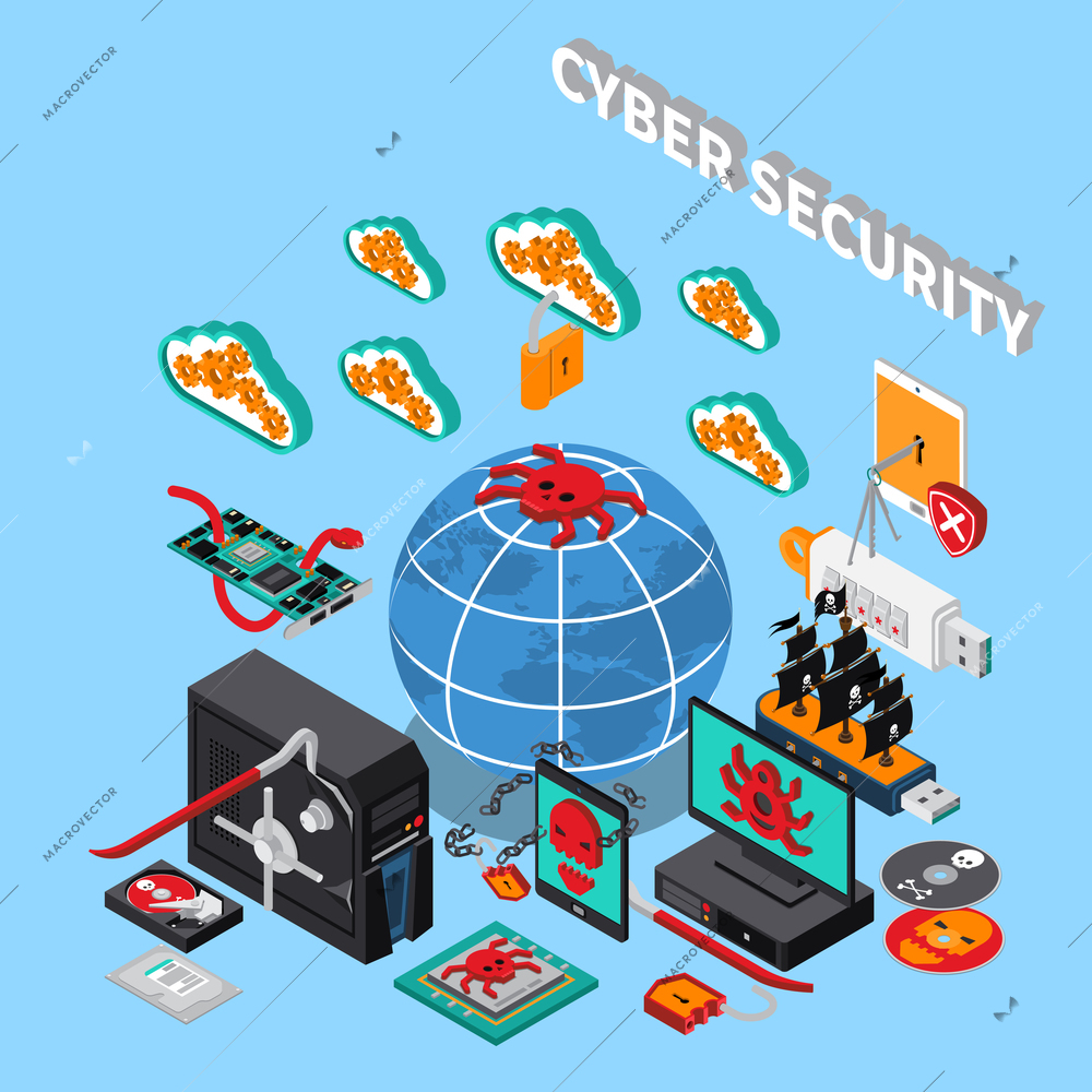 Cyber security  isometric concept with data storage symbols on blue background isometric vector illustration