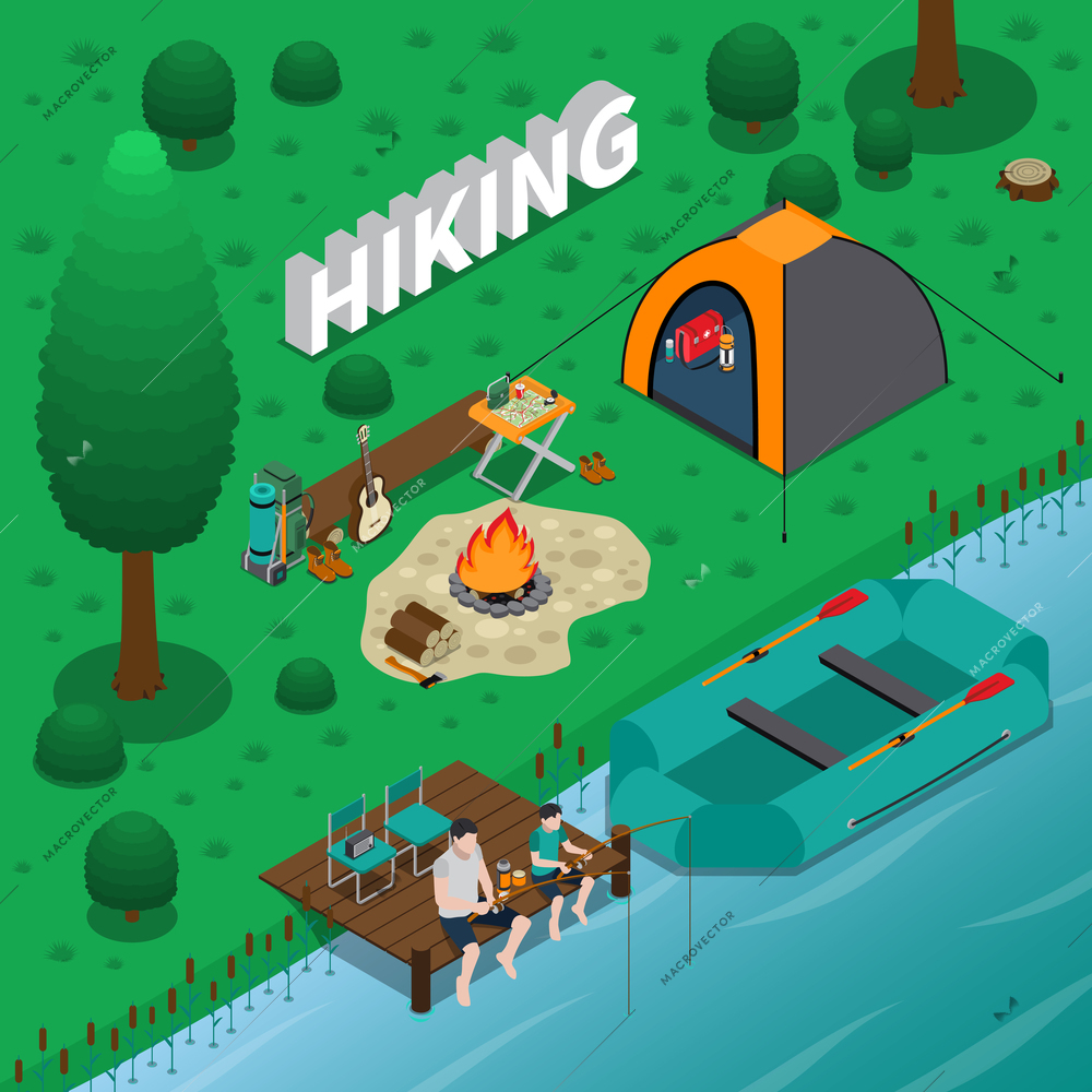 Hiking concept with fishing campfire and family symbols isometric vector illustration