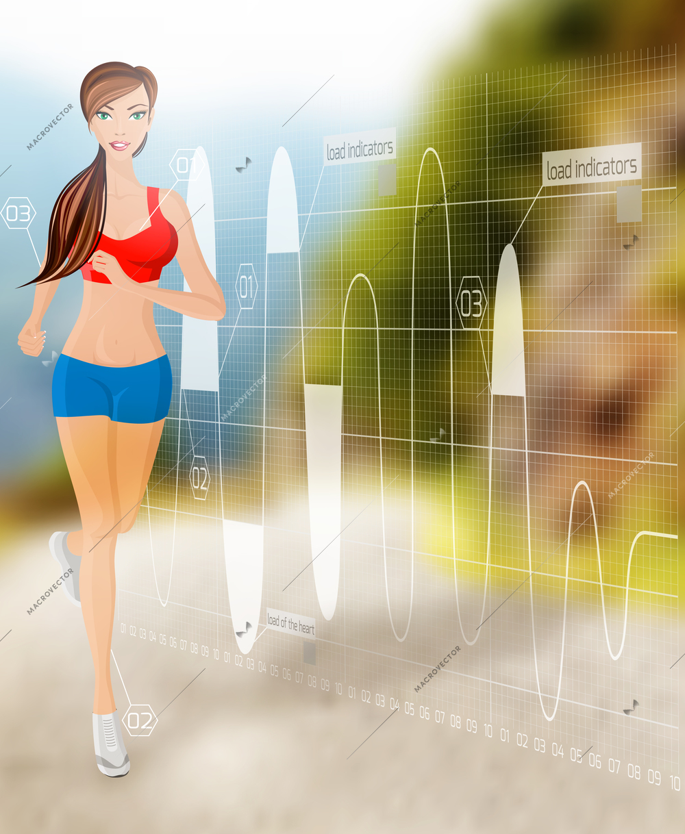 Full length portrait of young sexy attractive young running jogging woman on technology background vector illustration