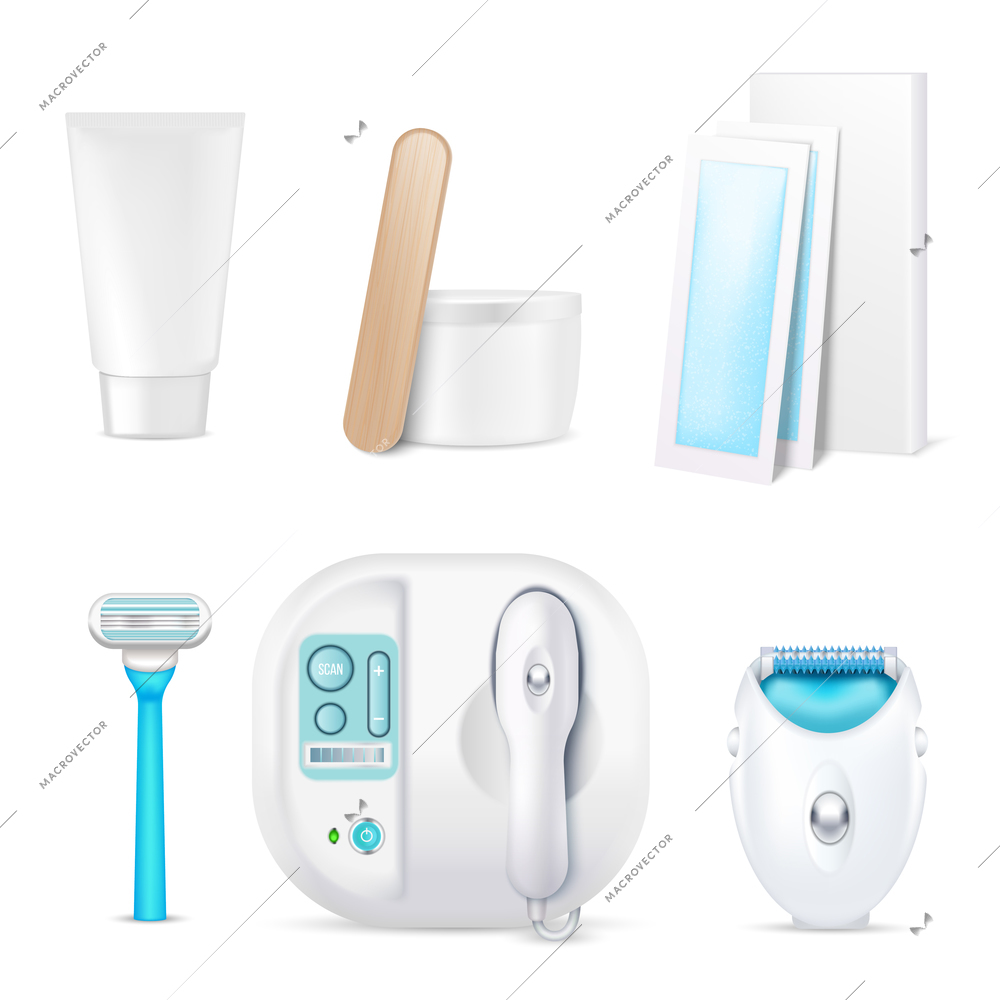 Realistic depilation set of various hair removal methods isolated on white background vector illustration