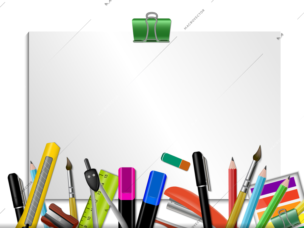 Stationery Colored Background with set of writing utensils on white notepad background vector illustration