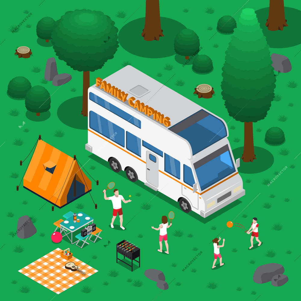 Camping isometric concept with outdoor activity and family symbols vector illustration