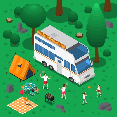 Camping isometric concept with outdoor activity and family symbols vector illustration