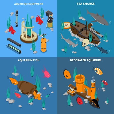 Aquarium concept icons set with fish symbols isometric isolated vector illustration