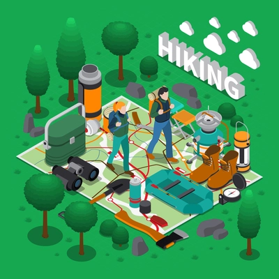 Camping and hiking isometric composition with outdoor activity and equipment symbols vector illustration