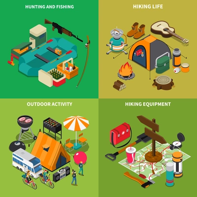 Hiking concept icons set with hiking life symbols isometric isolated vector illustration