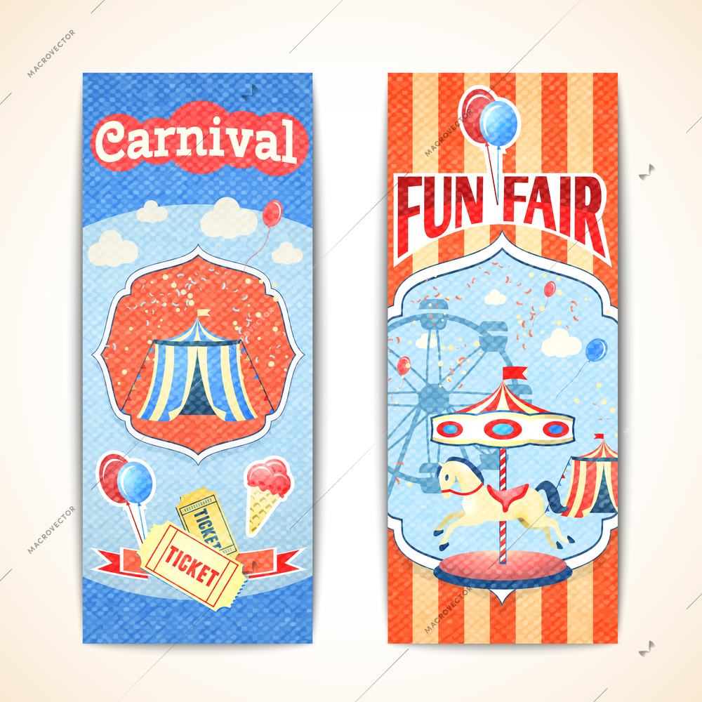 Amusement entertainment carnival theme park fun fair vintage vertical banners isolated vector illustration