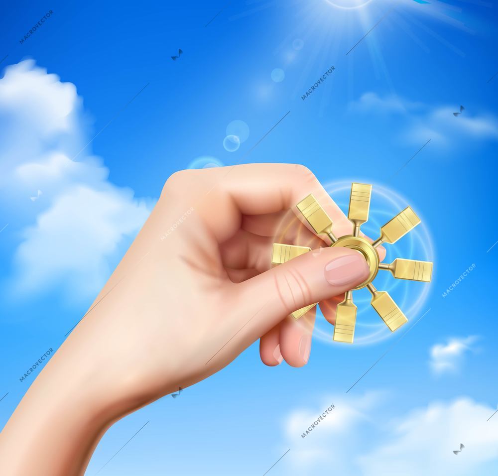 Fidget spinner device in hand rotating between fingers on cloudy sunny blue sky background realistic vector illustration