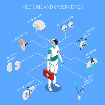 Exoskeleton bionic prosthetics composition with cyborg symbols on blue background isometric vector illustration