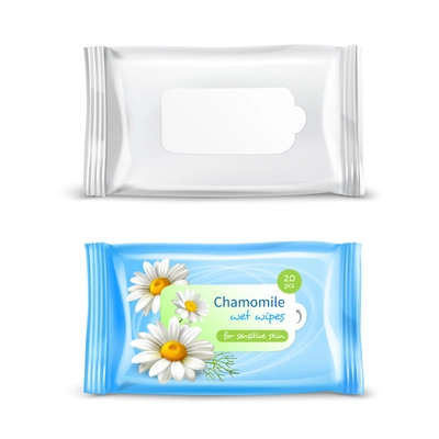 Chamomile wet wipes napkins for sensitive skin realistic  package 2 views set isolated vector illustration