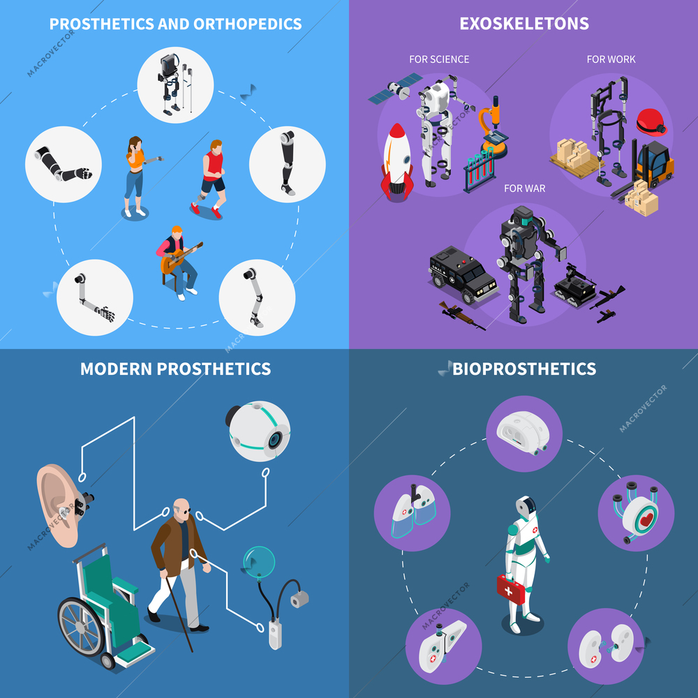 Exoskeleton bionic prosthetics concept icons set with orthopedics symbols isometric isolated vector illustration