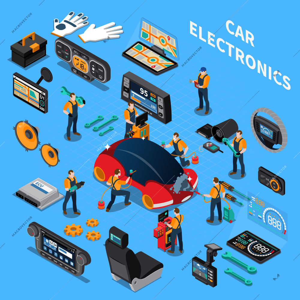 Car electronics and service concept with air conditioning and stereo symbols on blue background isometric vector illustration