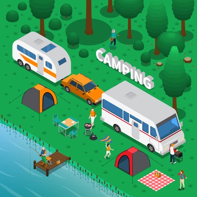 Camping concept with fishing trailer and family symbols isometric vector illustration
