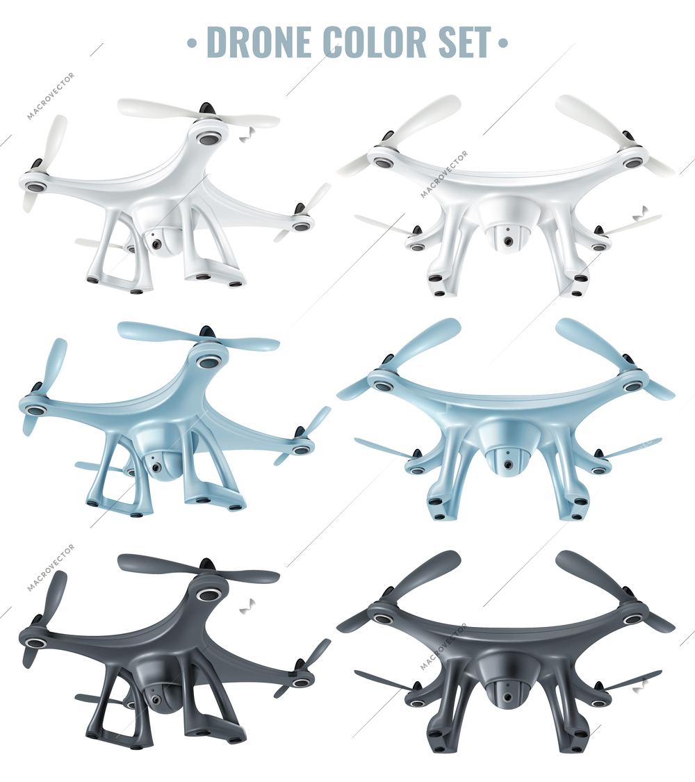 Realistic flying unmanned drones of different color with digital cameras isolated on white background vector illustration