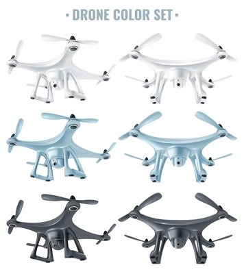 Realistic flying unmanned drones of different color with digital cameras isolated on white background vector illustration