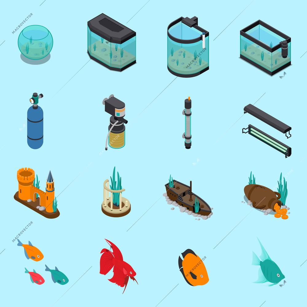 Aquarium icons set on blue background isometric isolated vector illustration