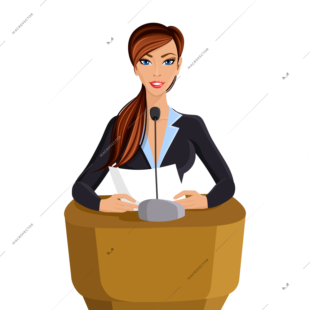 Beautiful woman in business suit with paper conference portrait isolated on white background vector illustration