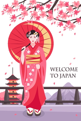 Ancient japan traditions culture tourists attraction poster with geisha girl in red under cherry blossom vector illustration